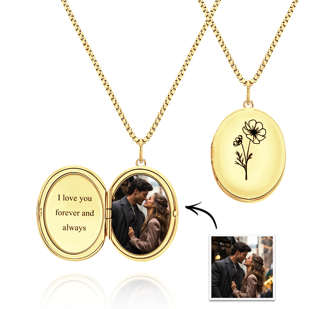 Custom Photo Locket Necklace with Engravable Birth Flower Birthday Gift for Women
