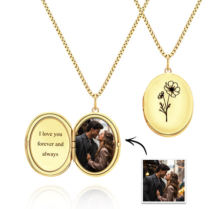 Custom Photo Locket Necklace with Engravable Birth Flower Birthday Gift for Women