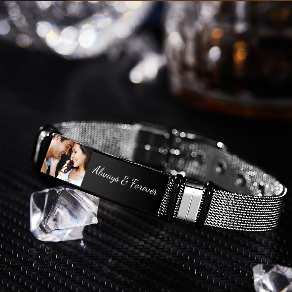 Custom Photo And Engraved Stainless Steel Bracelet Gift For Couples