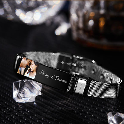 Custom Photo And Engraved Stainless Steel Bracelet Gift For Couples