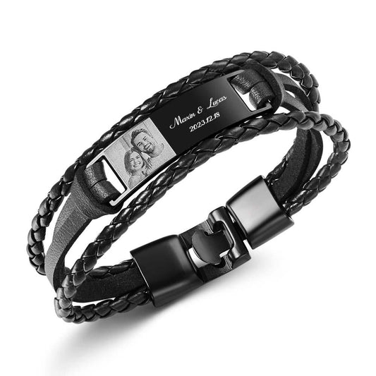Custom Men's Bracelets Photo Leather Engraved Name and Date Men's Bracelet Best Valentine's Day Gifts for Him