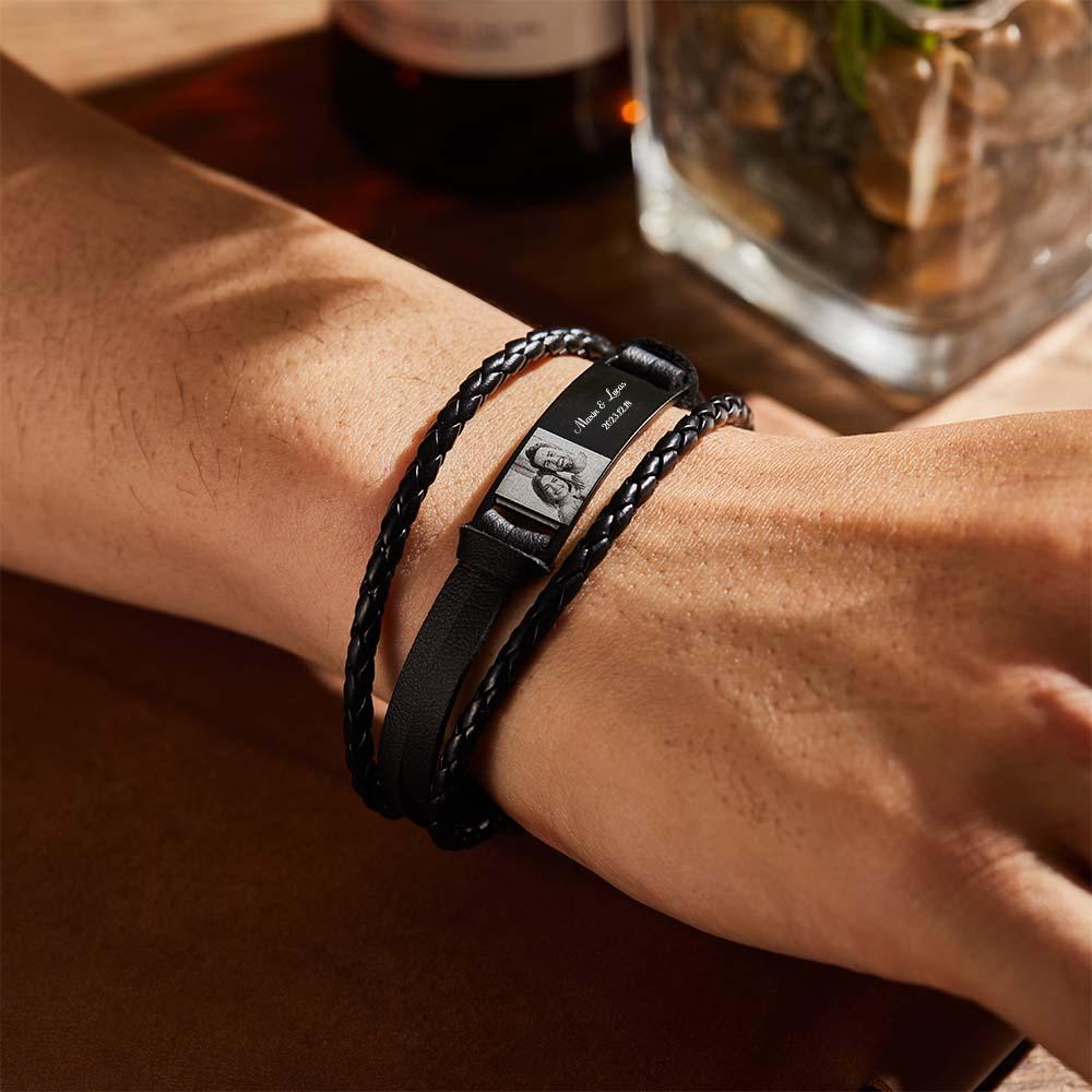 Custom Men's Bracelets Photo Leather Engraved Name and Date Men's Bracelet Best Valentine's Day Gifts for Him