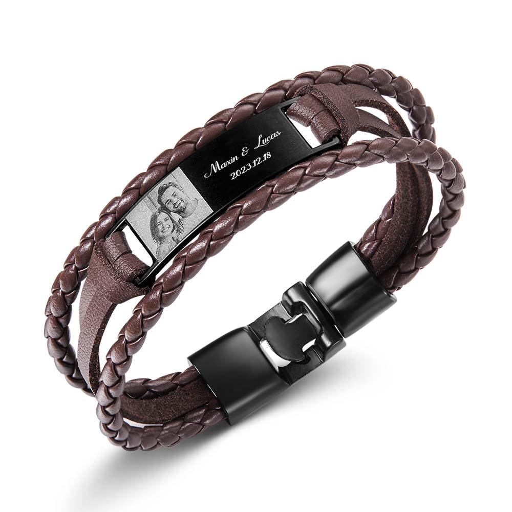 Custom Men's Bracelets Photo Leather Engraved Name and Date Men's Bracelet Best Valentine's Day Gifts for Him