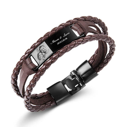 Custom Men's Bracelets Photo Leather Engraved Name and Date Men's Bracelet Best Valentine's Day Gifts for Him