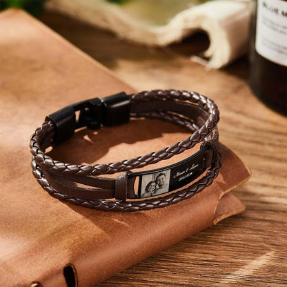Custom Men's Bracelets Photo Leather Engraved Name and Date Men's Bracelet Best Valentine's Day Gifts for Him