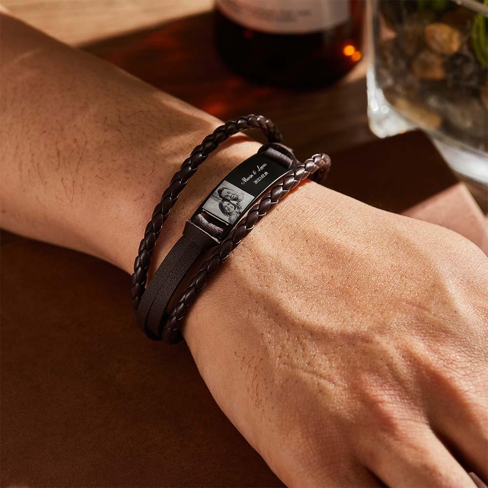 Custom Men's Bracelets Photo Leather Engraved Name and Date Men's Bracelet Best Valentine's Day Gifts for Him