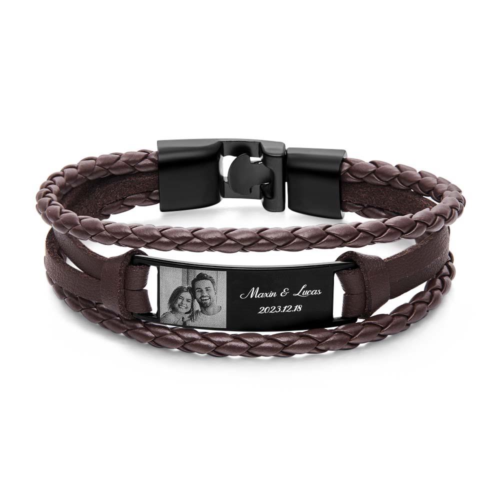 Custom Men's Bracelets Photo Leather Engraved Name and Date Men's Bracelet Best Valentine's Day Gifts for Him