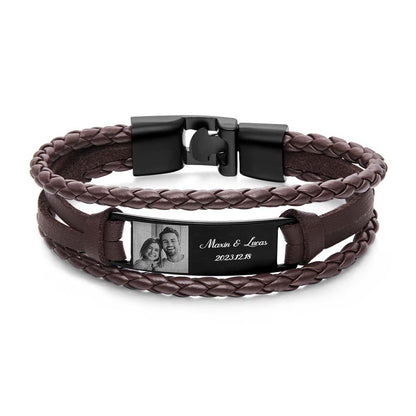 Custom Men's Bracelets Photo Leather Engraved Name and Date Men's Bracelet Best Valentine's Day Gifts for Him