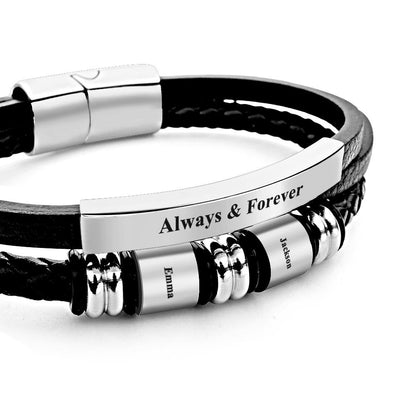 Personalized Mens Braid Leather Bracelets with 2 Engraved Names Beads Custom Mens Name Bracelet