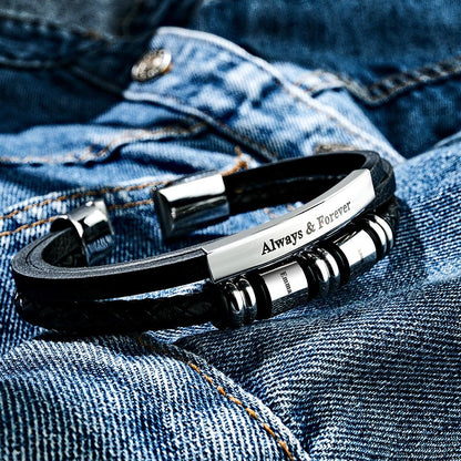 Personalized Mens Braid Leather Bracelets with 2 Engraved Names Beads Custom Mens Name Bracelet