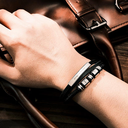 Personalized Mens Braid Leather Bracelets with 2 Engraved Names Beads Custom Mens Name Bracelet