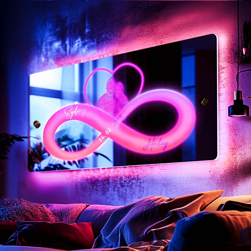Personalized Photo And Date Name Mirror Light Infinity Heart Couple Valentine's Day Gifts Wall Decorations For Lover