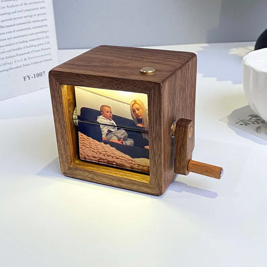 Custom Photo Flipbook Frame Animation Machine Mechanical Hand-cranked Flipbook Box Photo Album with Light Black Walnut Baby Photo Cube Frame Creative Gift